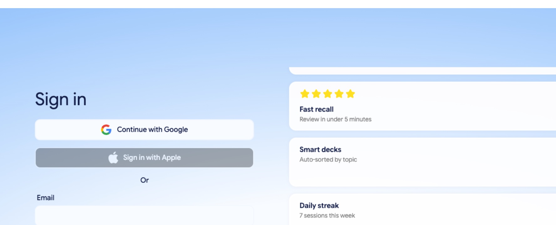 Flashcard app sign-in screen